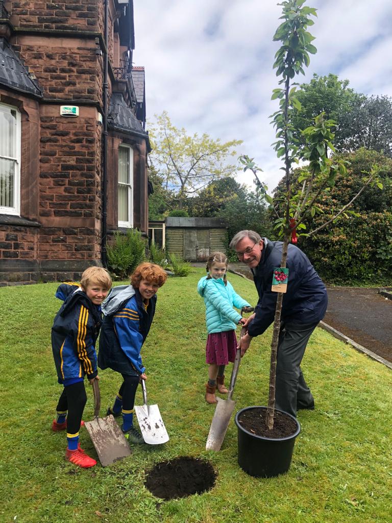 Fr Tim with help plants a tree